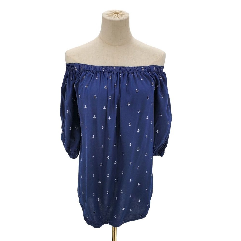 BLL New York Off The Shoulder‎ Anchor Print Blouse Size S Navy Blue Nautical